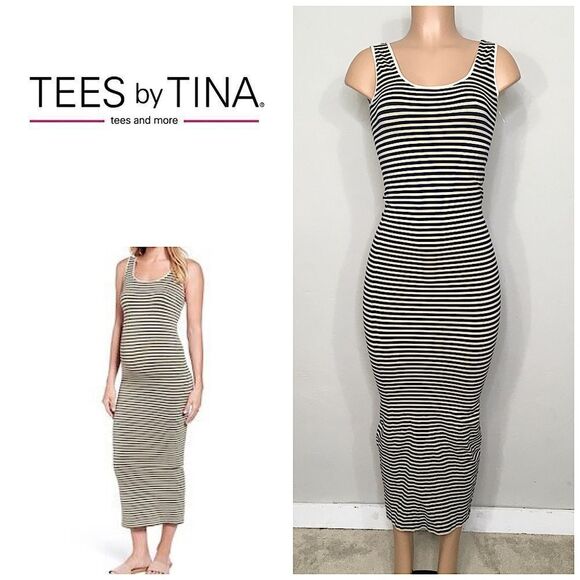 New. Navy and tan stripe TEES BY TINA stretch midi dress. OSFM - Picture 1 of 11